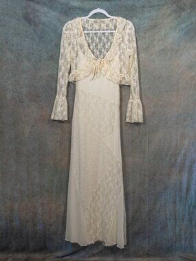 Thirty/Thirty Ivory Lace Maxi Dress Cropped Jacket Bell Sleeve Set - Medium